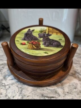 Set of 4 Coasters & Caddy Scottish Terriers Round Wood Ceramic Tiles Dogs 2002